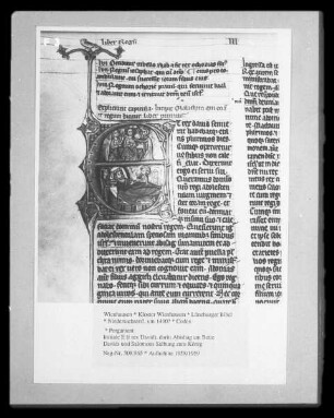 Lüneburger Bibel — Initiale E (t rex David), darin Abishag am Bette Davids und Salomons Salbung zum König
