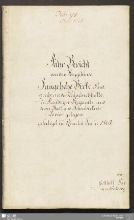 Fahr Bericht von dem Berggebäude Junge hohe Birke Fundgrube an der Münzbachhütte in Freyberger Bergamts- und deren Stadt- und Hohenbirkner Revier gelegen