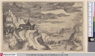 [Landschaft mit einem Flusstal und einer Kirche links auf einem Hügel; Landscape with a River Valley on Right and a Church on a Hill on the Left]
