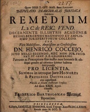Disputatio Inauguralis Juridica Exhibens Remedium L. 2. C. de Resc. Vend.