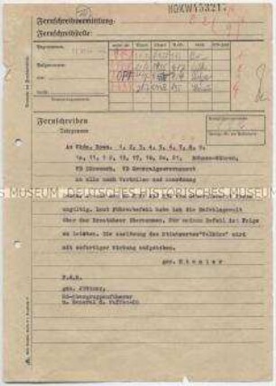Fernschreiben von Himmler an Wehrkreiskommandos zur Übernahme der Befehlsgewalt über das Ersatzheer und zur Aufhebung des Stichwortes "Walküre" - Sachkonvolut