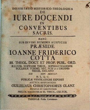 Dissertatio Historico-Theologica De Iure Docendi In Conventibus Sacris