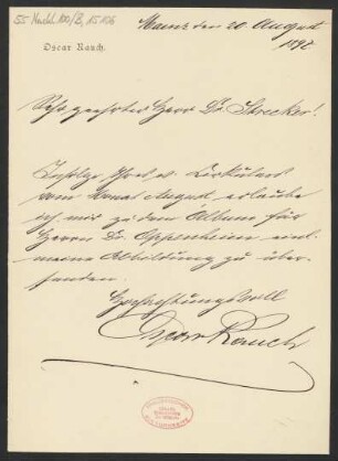 Brief an Ludwig Strecker  und Mainzer Liedertafel und Damengesangverein, B. Schott's Söhne : 20.08.1897