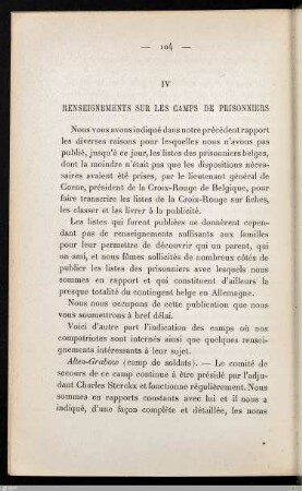 IV. Renseignements sur les camps de prisonniers