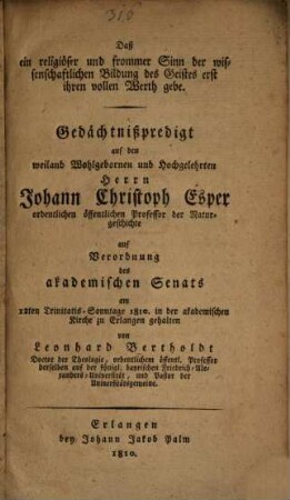 Gedächtnißpredigt auf ... Johann Christoph Esper Professor
