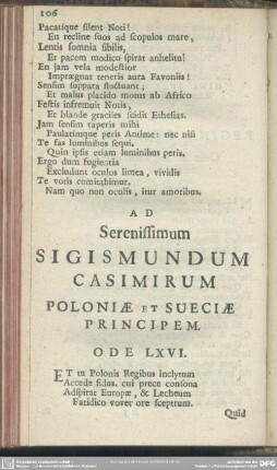Ad Serenissimum Sigismundum Casimirum Poloniae Et Sueciae Principem. Ode LXVI.