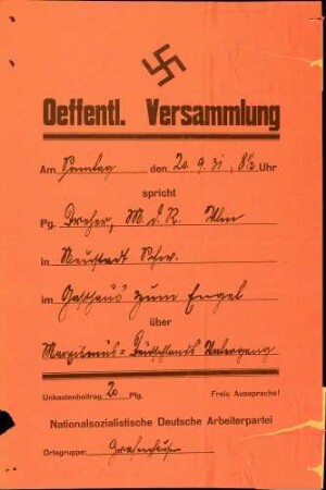 Versammlung der NSDAP-Ortsgruppe Grafenhausen: Marxismus = Deutschlands Untergang