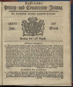 33tes Stueck, Montag den 14ten August. 1786