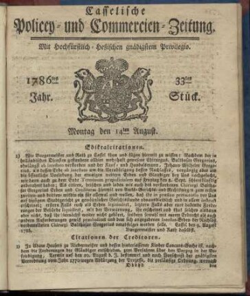 33tes Stueck, Montag den 14ten August. 1786