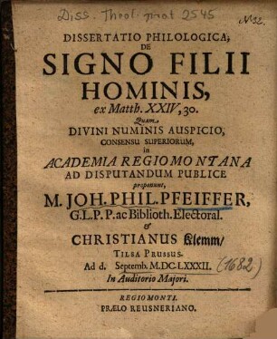 Dissertatio Philologica, De Signo Filii Hominis, ex Matth. XXIV, 30.
