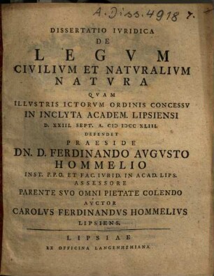 Dissertatio ivridica de legvm civilivm et natvralivm natvra