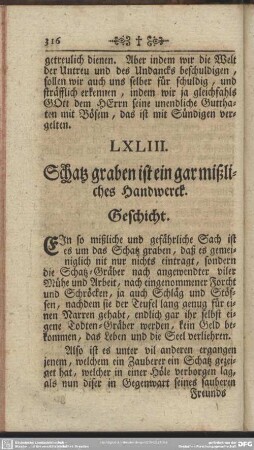 LXLIII. Schatz graben ist ein gar mißliches Handwerck. Geschicht