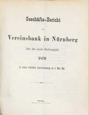 Geschäftsbericht. 1879 = Rechnungsjahr 9
