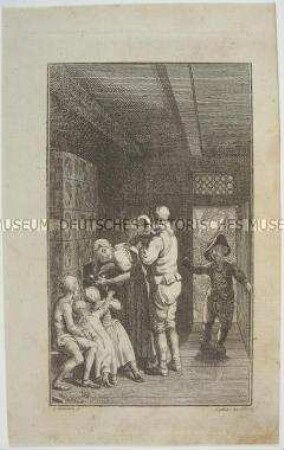 Radierung von Daniel Nikolaus Chodowiecki zum Aufsatz "Neue Erfindung" im vierten Teil des "Wandsbeker Bothen" von Matthias Claudius (S. 98)