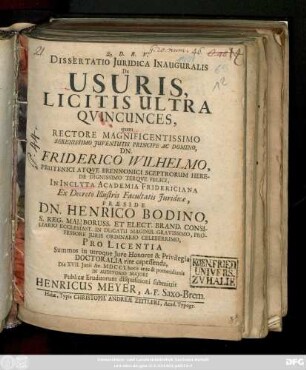 Dissertatio Juridica Inauguralis De Usuris, Licitis Ultra Qvincunces