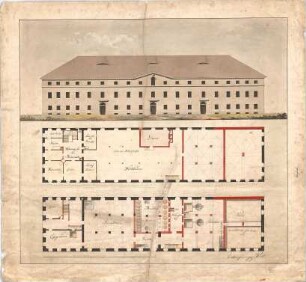 Voit, Johann Michael; Entwurf für eine Brauerei - Grundrisse, Ansicht
