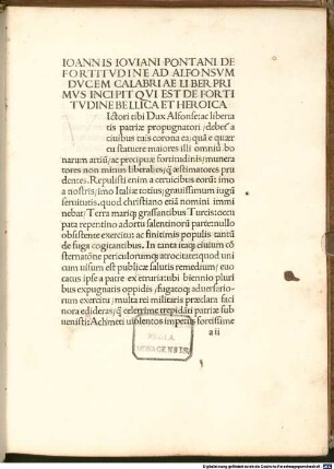 De fortitudine bellica et heroica : gewidmet Alfons II. von Aragonien, Herzog von Kalabrien. Mit Gedicht an den Buchkäufer