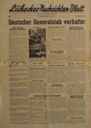 Mitteilungsblatt der britischen Militärregierung "Lübecker Nachrichten-Blatt" zur Verhaftung des deutschen Generalstabes
