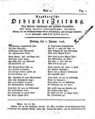 Augsburgische ordinäre Zeitung von Staats-Handlungs- und gelehrten Neuigkeiten. 1796, 1796, [1] = 1. 1. - 29. 6