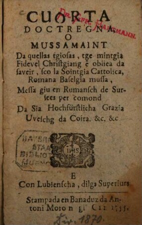 Cuorta Doctregna, O Mussamaint Da quellas tgiosas, tge mintgia Fidevel Christgiang ê obliea da saveir, sco la Sointgia Cattolica, Romana Baselgia mussa