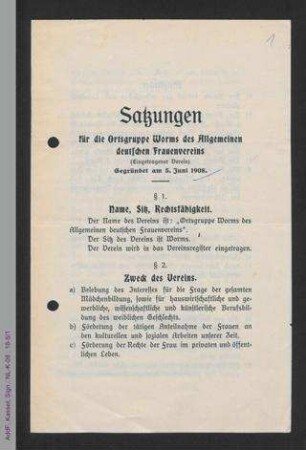 Satzungen für die Ortsgruppe Worms des ADF