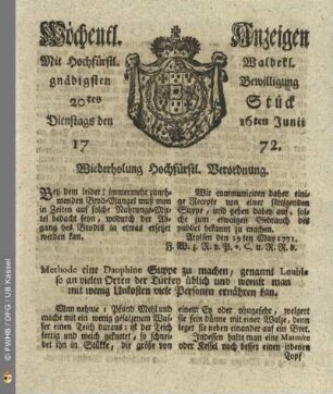 20tes Stueck, Dienstags den 16ten Junii 1772