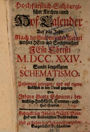 Hochfürstlich-Salzburgischer Kirchen- und Hof-Kalender. 1724