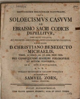Dispvtationem Philologicam Inavgvralem, Qva Soloecismvs Casvvm Ab Ebraismo Sacri Codicis Depellitvr