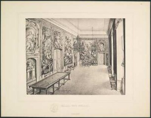 Hauptsäle des königl. Jagdschlosses Moritzburg. Gezeichnet von Paul Schulze. Dresden, 1897. Album mit Drucken nach Zeichnungen, Blatt IV, Billard- oder Spielsaal, 36,3 x 28,0 cm (Blattformat). Dresden: SLUB Hist.Sax.H.70.m