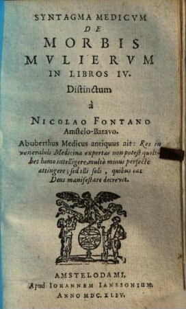 Syntagma Medicum De Morbis Mulierum : in libros IV.