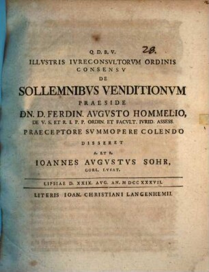 Illvstris Ivreconsvltorvm Ordinis Consensv De Sollemnibvs Venditionvm
