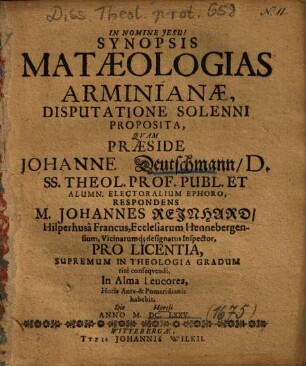 Synopsis Mataeologias Arminianae : Disputatione Solenni Proposita