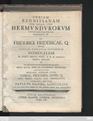 11: Cvriam Regnitianam Non. Nvllo. Ivre Hermvndvrorvm Cognominandam Disserit ...