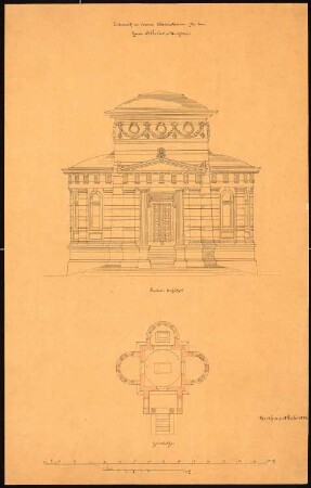 Mausoleum für S. Woller, Bunzlau: Grundriss 1:100, Aufriss Vorderansicht 1:50, Maßstabsleisten