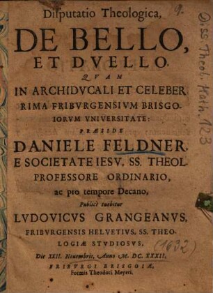 Disputatio Theologica, De Bello, Et Dvello