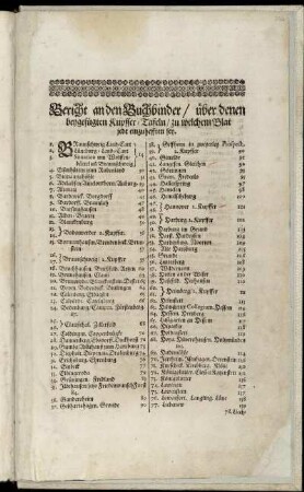 Bericht an den Buchbinder/ über denen beygefügten Kupffer-Tafeln/ zu welchen Blat jede einzuhefften sey.