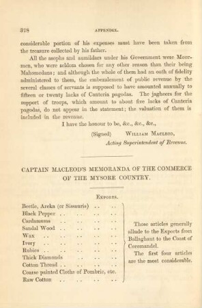 Capitain Macleod's memoranda of the commerce of the Mysore country