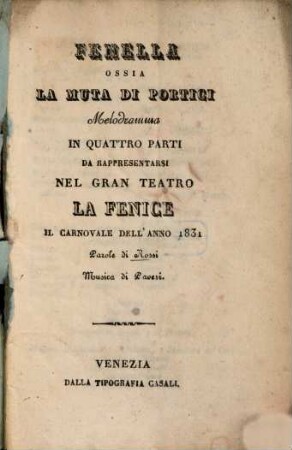 Fenella ossia La muta di Portici : Melodramma in 4 parti