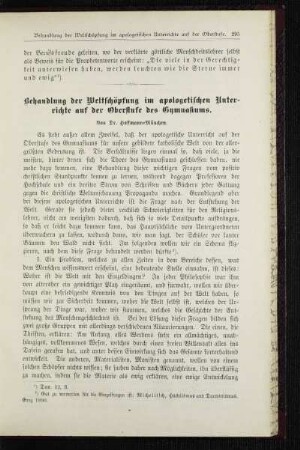 Behandlung der Weltschöpfung im apologetischen Unterrichte auf der Oberstufe des Gymnasiums