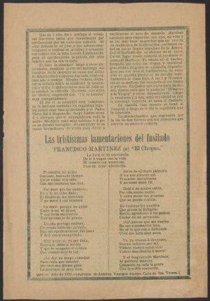 Las tristísimas lamentaciones del fusilado : Francisco Martinez (a) "El Chopas".
