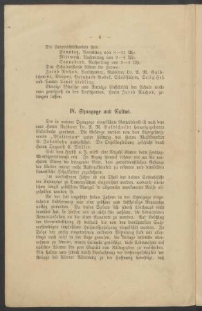 IV. Synagoge und Cultus