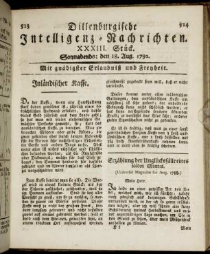 XXXIII. Stück. Sonnabends: den 18. Aug. 1792.