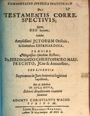Commentatio Juridica Inauguralis De Testamentis Correspectivis