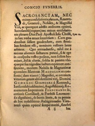 Concio Fvnebris In Obitvm Honestissimae Et Piae Matronae Magdalenae Ilsvngae, Nobilis Et Magnifici Viri, D. Georgii Giengeri à Rotteneck, I.V. Doctoris Clarissimi, Inuictissimiq[ue] Ferdinandi C[a]esaris arcani Consiliarij, & Pr[a]efecti Laureacensis digniss: Coniugis : Adiectae sunt Elegiae ac Epicedia Doctorum aliquot virorum in eiusdem obitum