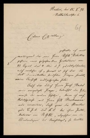 61: Brief von Friedrich Ritgen an Gottlieb Planck, Berlin, 15.5.1898