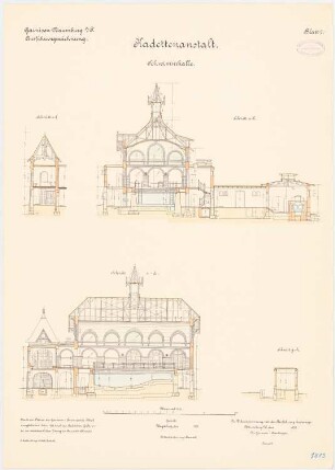 Kadettenanstalt der Garnison, Naumburg/Saale: Schwimmhalle: Längsschnitt, Querschnitt 1:100