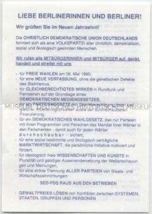 Flugblatt der CDU zur Kommunalwahl in (Ost)-Berlin am 6. Mai 1990