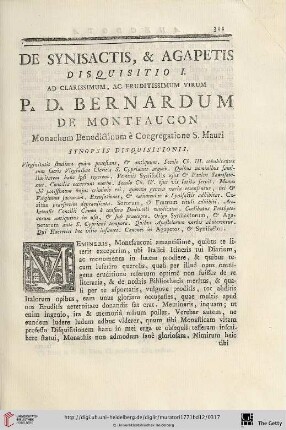 Disquisitio I: De Synisactis, & Agapetis. Ad Clarissimum, ac Eruditissimum Virum P.D. Bernardum de Montfaucon
