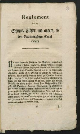 Reglement für die Schiffer, Flößer und andere, so den Brombergschen Canal befahren : [Bromberg, den 14ten Juny 1793]