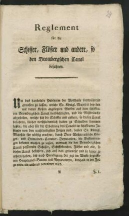 Reglement für die Schiffer, Flößer und andere, so den Brombergschen Canal befahren : [Bromberg, den 14ten Juny 1793]